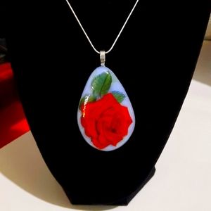 Stained Glass Blue Tear Shape Necklace with Fused Rose 🌹 Decal